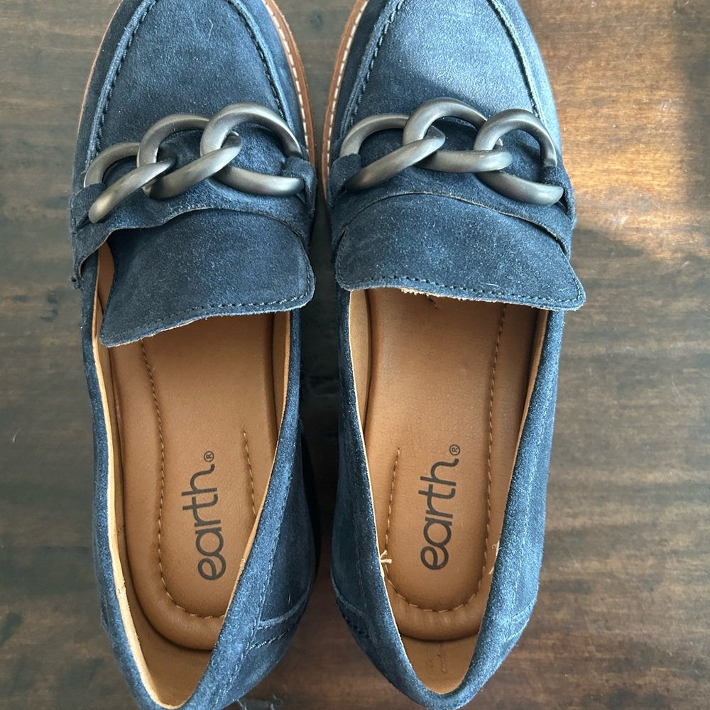 earth® Navy Suede Chain-Trim Loafers